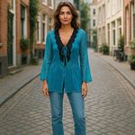 Frederick's of Hollywood Sheer Lace Tie Front Top Size M Teal Black Blouse Y2K Photo 1