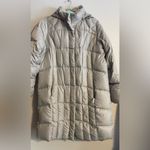 Eddie Bauer Long Quilted Puffer Down Jacket, Light Grey, Size 1X, EUC Photo 3