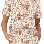 NWOT Floral Highland Cow Short Sleeve and Shorts PJ Set White Size XL Photo 0