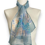 Vintage Scarf Blue Sheer Floral‎ Blue Peach Long Chiffon Delicate Garden White Photo 0