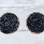 Vintage Clip On Earrings Black Wrapped Chain Like with Gold Tone Halo Photo 0