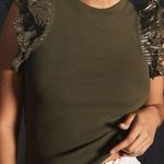 Anthropologie NWT  Lurex Ruffle Sleeve Olive Ribbed Knit Top Sz L Photo 0