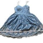 None Rush Floral Denim Flow Spaghetti Strap Blue Dress Photo 2