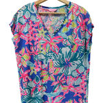 Lilly Pulitzer Shirt Women Medium Pink Blue Floral Linen Sleeveless Resort Boho Photo 0