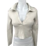 Aritzia  Babaton White Ribbed Knit Vneck Collar Long Sleeve Crop Polo Shirt Top M Photo 0