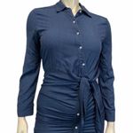 Allison Joy Blue Asymmetric Button Up Design Tie Waist Long Sleeve Dress Photo 2