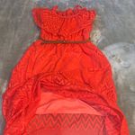 Size Small AUW Long Lace Overlay Ruffle Maxi Dress Coral Orange Chevron Pattern Photo 4