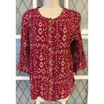 Blair VTG NWOT  Tribal Print Button Down Blouse 3/4 Sleeves Burgundy Size Small. Photo 1