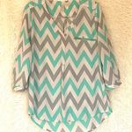 Tacera  Aqua Chevron Tab Sleeve Blouse Size M Photo 0