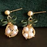 Dainty wire Gold Pearl Ball Earrings with Green Bow Korean Style Cute Gift NWT Photo 1