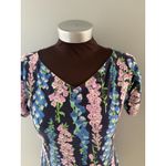 Lilly Pulitzer Shirt Womens L Blue Floral Double VNeck Ruched Sleeve Fairy Photo 2