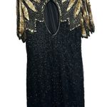 Vintage 100% Silk Sequin Beaded Gold Black 12p Midi Dress Size 12 Photo 1