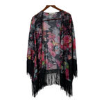 Sans Souci Floral Fringe Kimono Black Sheer Boho Cover Up Women’s Large Photo 1