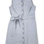 Grace Sleeveless Dress Blue Striped Midi Buttton Front Cotton Blend Tie Waist 6 Photo 0