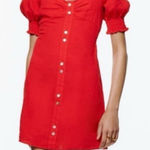 ZARA NWT  Red Linen Sweetheart Ruffle Mini Dress Button Accent Pullover Medium Photo 0
