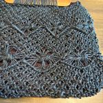 Vintage Raffia Crochet Woven Basket Straw Wood Handles 60’s Black Macrame Tote Photo 1