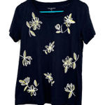 Talbots Size Small Petite Black T-Shirt Embroidered White Yellow Flower Print Photo 0