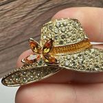 Monet  Orange & Yellow Rhinestone Hat Brooch Pin Gold Tone Signed Photo 3