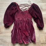 Free People  Velvet Mini Dress Burgundy Puff Sleeve Lace Up Back Size S Photo 2