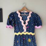 CELIA B Dress Celestial Sun Stars Print Navy Rickrack Trim Midi Dress XS Blue Photo 2