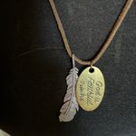 Leather Necklace with feather pendant and oval pendant that says God is Faithful Photo 5
