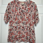 Knox Rose  Floral Print V‎ Neck Short Sleeve Blouse Top Red White XS Photo 0