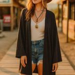 GeeGee Black Fringe Boho Western Cardigan Open Front Longline Duster Jacket L Gray Size L Photo 0