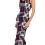 SheIn Women’s medium navy blue bodycon dress bold red white plaid color block pattern Photo 4
