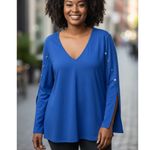 Melissa Paige Woman 1X Top Tunic Button Shoulders Slit Sleave Royal Blue Office Photo 1