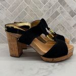 Coach Heels Womens 7 Valeann Cork Block Black Suede Round Open Toe High Gold Photo 0