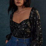 Urban Outfitters  Smocked Tie Back Top Sz L Black Floral‎ Long Sleeve Whimsigoth Photo 0