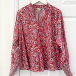 Boden Red Smocked Cuff Printed Split Neck Top Radish Oriental Paradise T0914 12 Photo 1