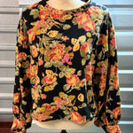 Loft Floral Puff Sleeve Terry Sweatshirt Black Rose Print Cozy Fall Pullover M Photo 0