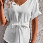 SheIn  VCAY Solid Belted V Neck Batwing Sleeve Blouse Photo 0