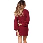 NEW Lantern Sleeve Short Dress Crewneck Tie Waist Knit S Red Photo 2