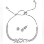Macy's NEW Silver Plate MOM BRACELET & Solitaire EARRINGS Set Adjustable CZ Boxed Photo 1