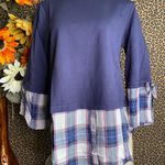 Doe & Rae ✅3/$30✅ NWT  Denim/Navy Orchid Plaid 3/4 Tie Sleeve 2-Tone Top | MEDIUM | Photo 1