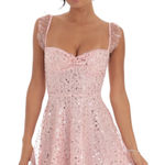 Lucy in the Sky  Pink Sparkly Mini Dress Sequin Ruffle Strap Tie Back Homecoming Dress Photo 0