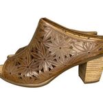Josef Seibel Leather Open Toe Mules Size 37/6 Floral Cutout Design Stacked Heel Tan Photo 4