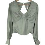 Anthropologie Mint Green Satin Ruched Smocked Blouson Long Sleeve Blouse XS Photo 0