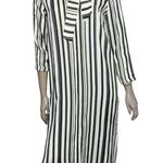 AYR Women’s Size XS Cream Green Black Striped Tie Neck Button Down Midi Dress Photo 2