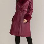 Azalea Wang Marbolo trench coat faux fur PU buttons shawl collar cuffs burgundy Red Size M Photo 4