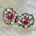Vintage Victorian Revival Pink Gemstone Rhinestones Stud Earrings Photo 7