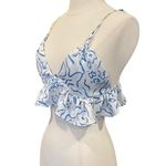 Resa Bralette Crop Top With Frill Hem In White & Blue Print Photo 2