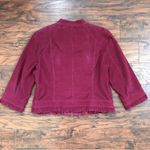 Sandro • burgundy corduroy jacket cropped 3/4 sleeve ruffle trim zip front Photo 5