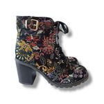 Diba Tapestry Floral Ankle Boots Black Block Heel Lug Sole Women's Size 7 Boho Photo 0
