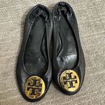 Tory Burch Reva Black Leather Gold Logo USED Ballet Slip On Flats 7.5-8 Photo 0