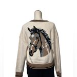NWT Cream Horseback Knit Varsity Cardigan Sweater Jacket Horse Motif Large Brown Photo 5