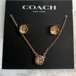 Coach NWT Signature Rose Gold Tone Floral Earrings Studs and Necklace Set Photo 0
