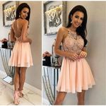 Jovani JVN Halter Chiffon Criss Cross Beads Short SIZE 4 Photo 1